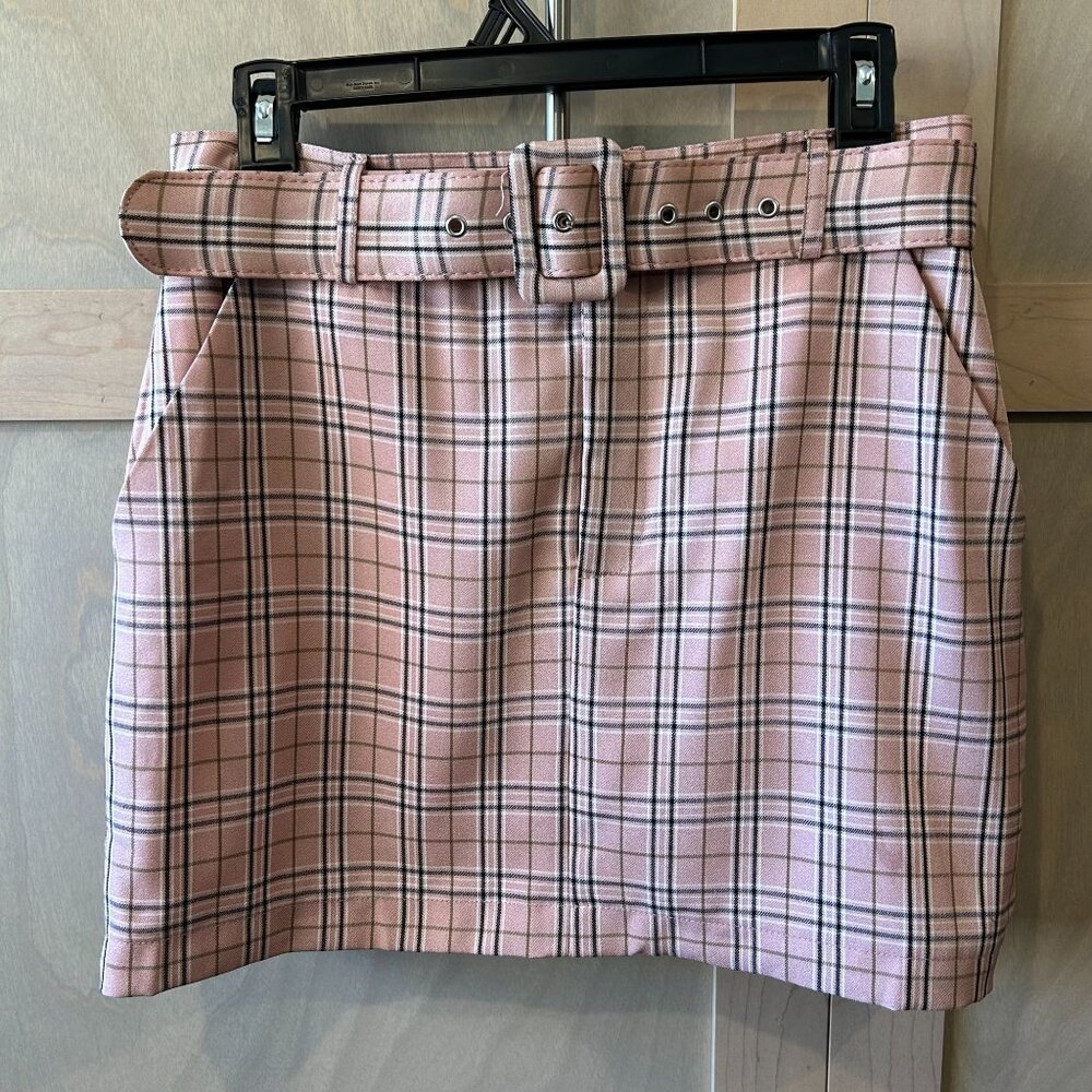 Plaid Belted Mini Skirt - Pink